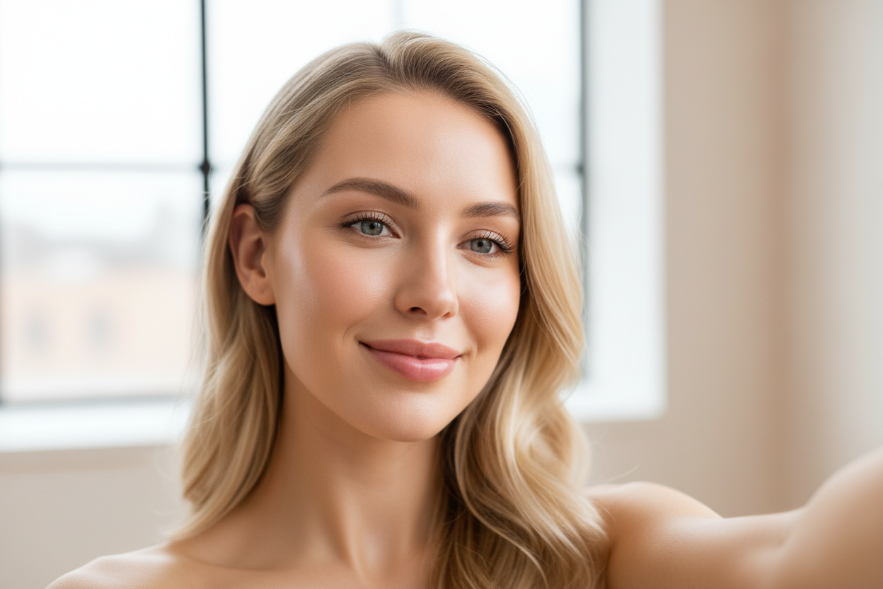 créer une image fraîche et premium, montrant une femme blonde générique, jeune et rayonnante, prenant un selfie (sans que le téléphone ne soit visible).
Son bras est légèrement levé, hors champ, pour imiter la pose d’un selfie.
Elle affiche un sourire naturel, fier et satisfait des résultats de son traitement LED Son visage doit paraître :
– visiblement plus lisse,
– ridules atténuées,
– teint lumineux et uniforme,
– glow naturel comme après un soin professionnel.