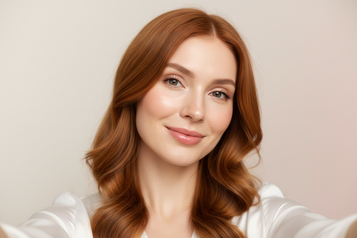 Créer une image , moderne, et premium, montrant une femme rouquine générique avec une peau visiblement lisse, éclatante et rajeunie après l’utilisation du masque ÉclatLED.
Elle prend un selfie, mais sans que le téléphone soit visible :
– tête légèrement inclinée,
– bras levé hors champ,
– regard dirigé vers l’objectif imaginaire,
– expression confiante, douce et satisfaite du résultat.

Sa peau doit présenter :
– un glow naturel,
– des ridules atténuées,
– un teint lumineux et un