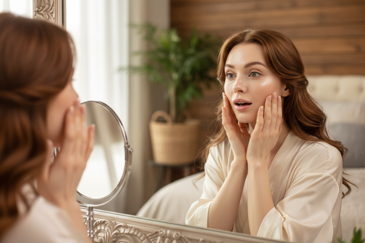 Une belle femme avec une belle peux elle tient ses joues en se regardant dans un miroir sa peau s'illumine teint éclatant ,comme si quelle elle crois ses yeux