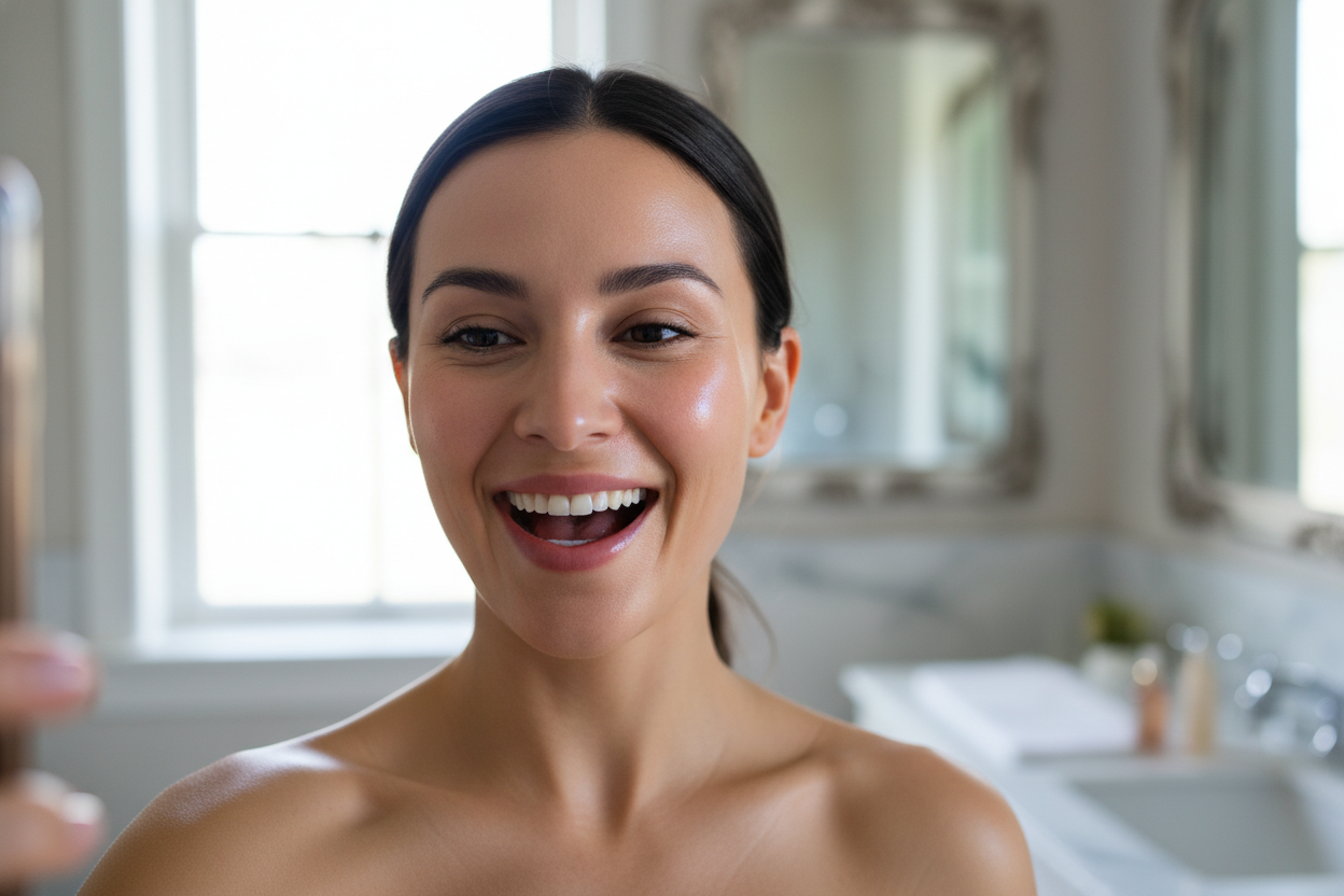 une femme satisfaite du résultat du masque ÉclaLED sur sans visage elle prend un selfi sans montrer le téléphone